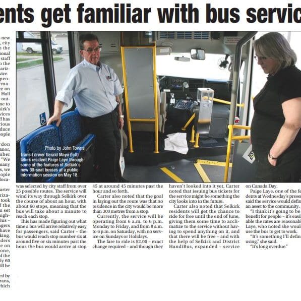 Newspaper article about how citizen of Selkirk are able to meet and get familiar with the bus driver.