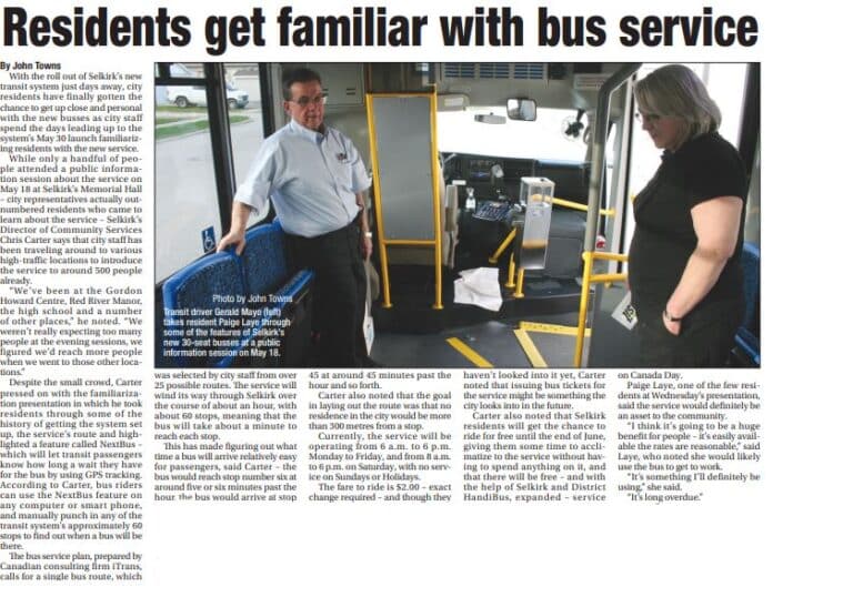 Newspaper article about how citizen of Selkirk are able to meet and get familiar with the bus driver.