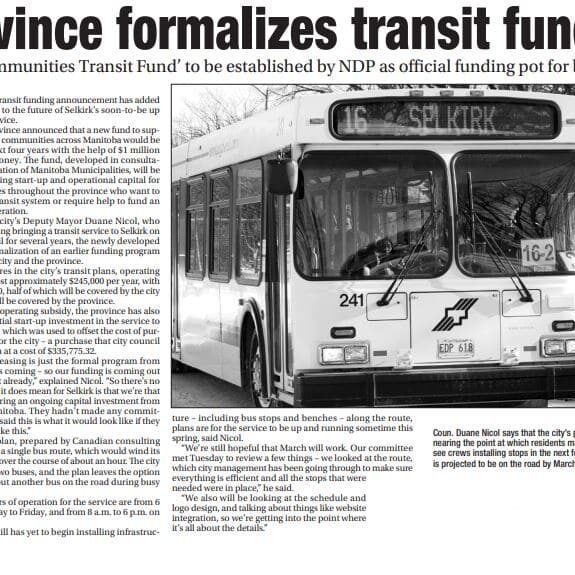Newspaper article about the funding for Selkirk Transit being approved