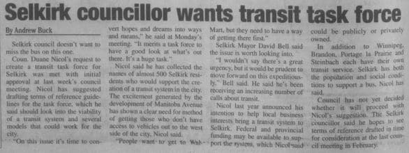 Newspaper article about a Selkirk Councillor wanting a Transit Task Force.