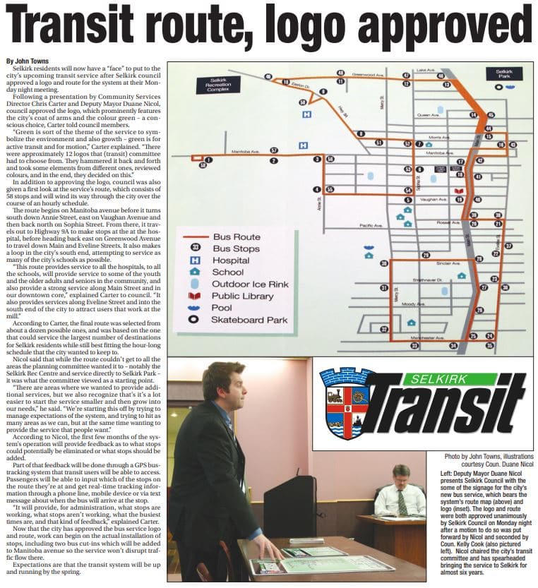 New paper article about the Selkirk Transit logo and route being approved