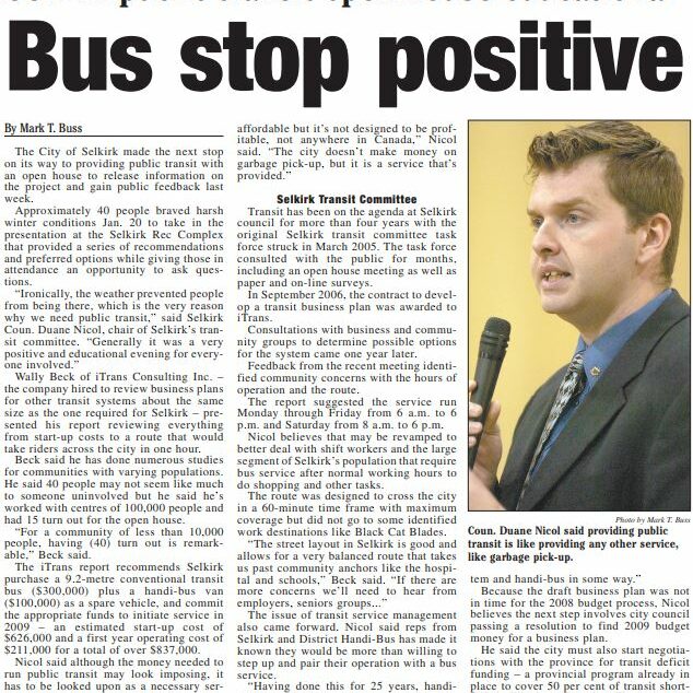Newspaper article about the City of Selkirk holding an open house event to discuss information about public transit in Selkirk