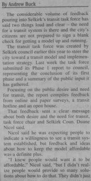 News paper article explaining how the Selkirk Transit Task Force is getting more and more attention
