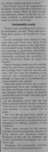 News paper article explaining how sustainability is key factor to focus on with Selkirk Transit