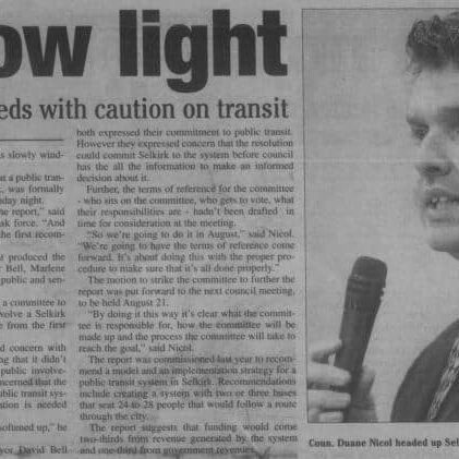 Newspaper article about Selkirk Council slowly moving along with the idea of Selkirk having its own transit system