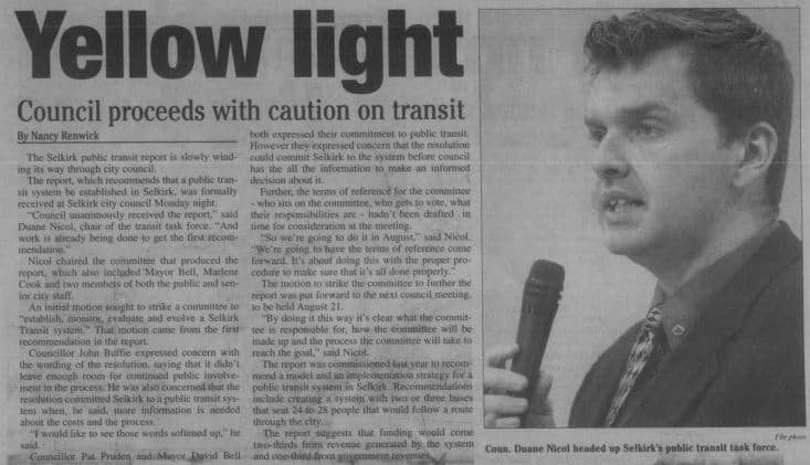 Newspaper article about Selkirk Council slowly moving along with the idea of Selkirk having its own transit system
