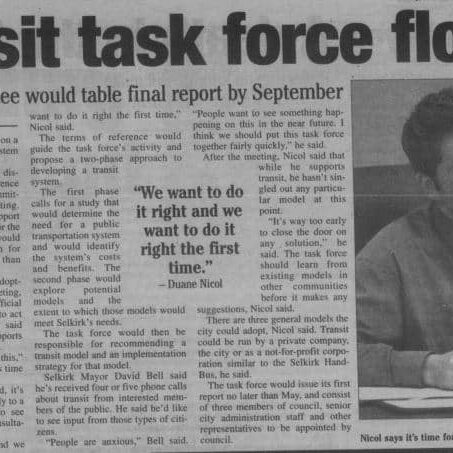 Newspaper article about the wheels of Selkirk Transit being put in motion after talks from Council