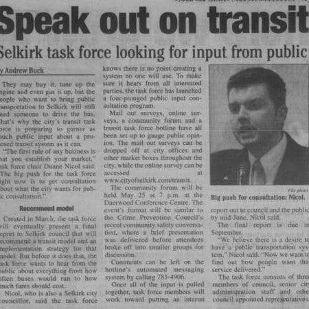 Newspaper article about the Selkirk Transit Task Force encouraging public input