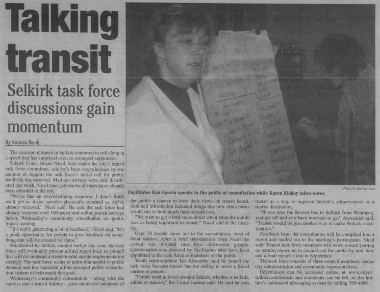 News paper article talking about Selkirk Transit when the it was just and idea