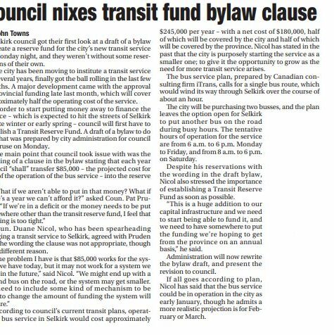 Newspaper article about the council Nixes a transit fund bylaw
