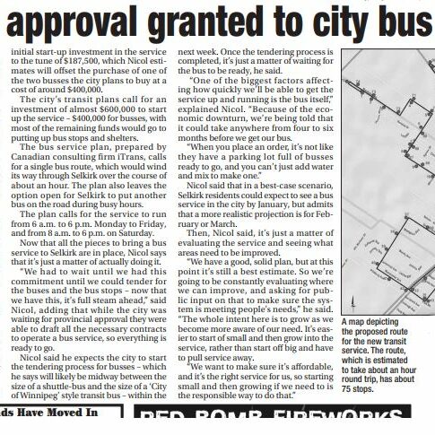 Newspaper article about the Provincial government approving a grant to help fund Selkirk Transit