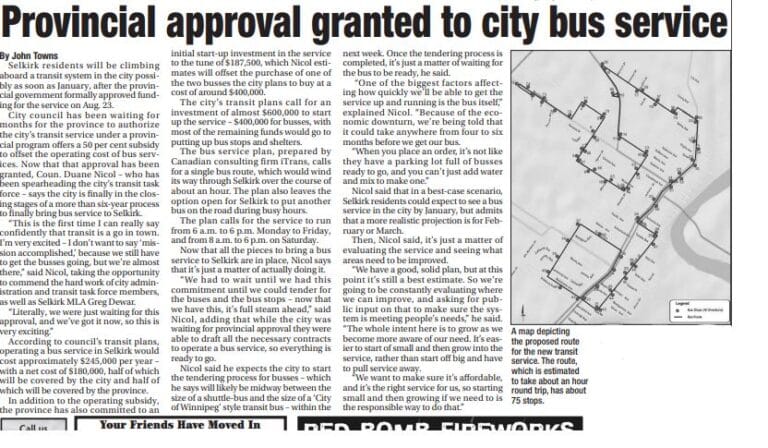 News paper article about the PRovincial government approving a grant to help fund Selkirk Transit