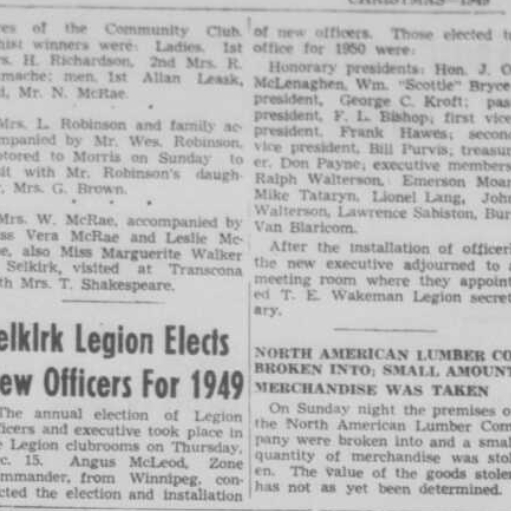 Selkirk Legion Elects New Officers for 1949