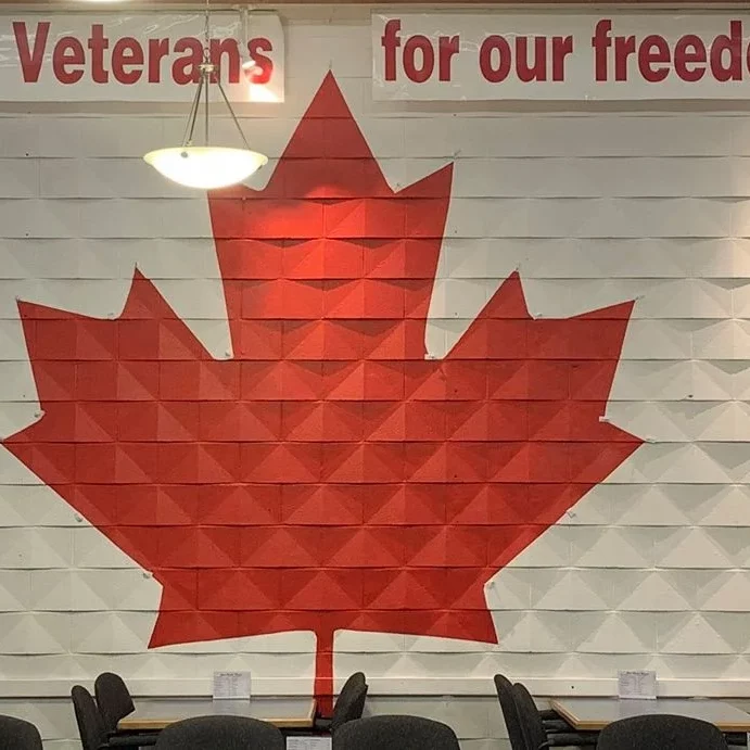 Colour photo of a brick wall with a Canadian flag painted on the wall. Across the top of the wall is a banner which reads "Thank you veterans for our freedom"