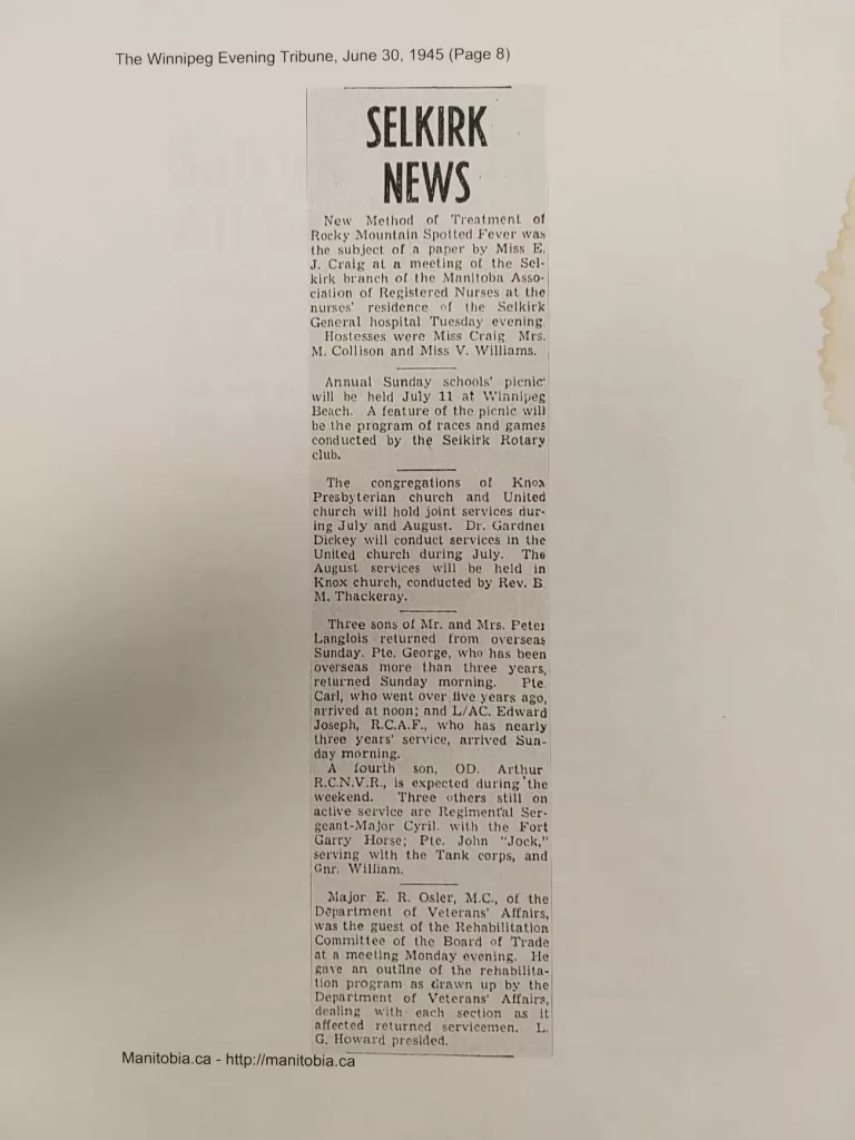 Selkirk News, 1945, The Winnipeg Evening Tribune