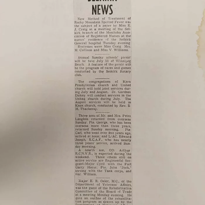 Selkirk News, 1945, The Winnipeg Evening Tribune Newspaper article titled Selkirk News