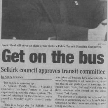 Newspaper article about the Selkirk Transit Committee is looking at establishing a public transit system