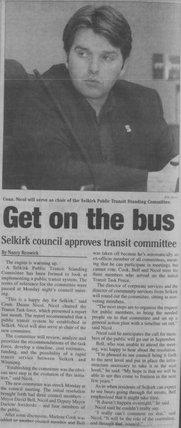 News paper article about the Selkirk Transit Committee is looking at establishing a public transit system