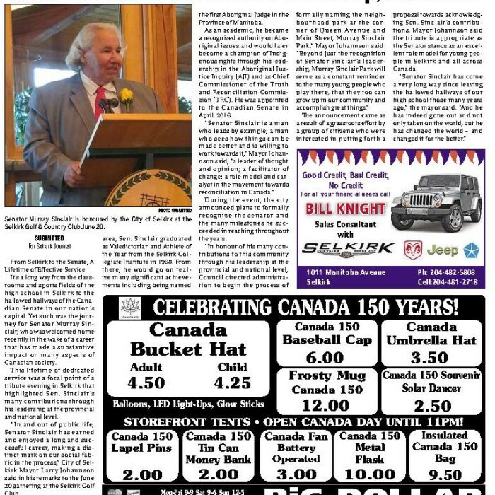 Selkirk Salutes Sen. Sinclair for Leadership, Dedication, 2017, Selkirk Journal