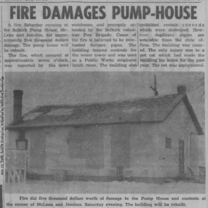 Newspaper article titled fire damages pump-house