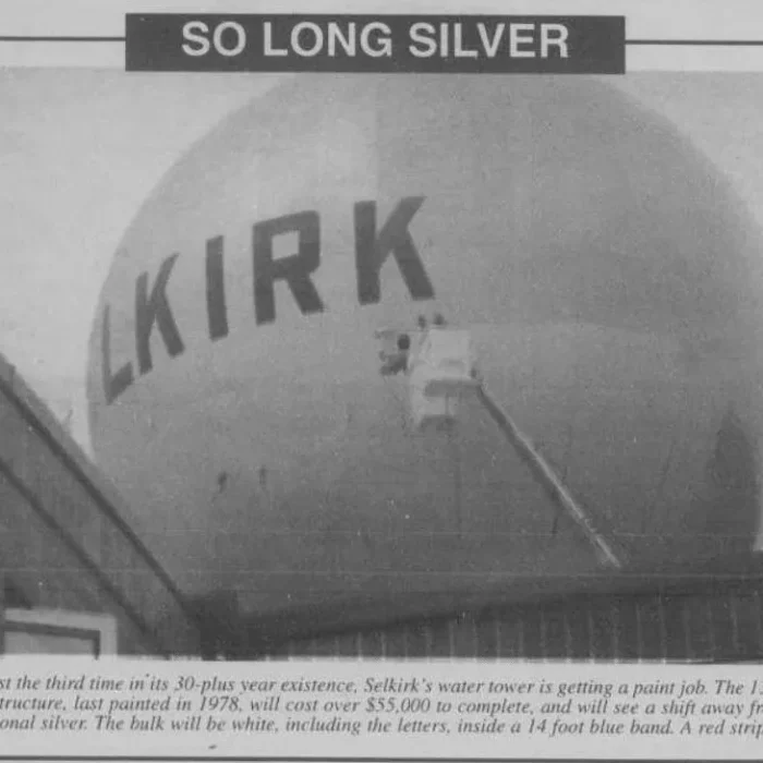 Newspaper feature image of the repainting of the Selkirk water tower in 1998