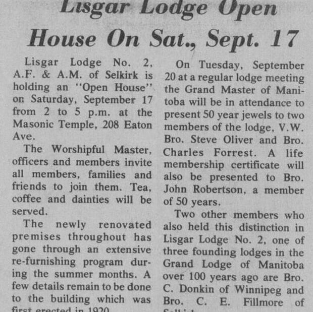 Selkirk Lisgar Lodge open house advertisement.
