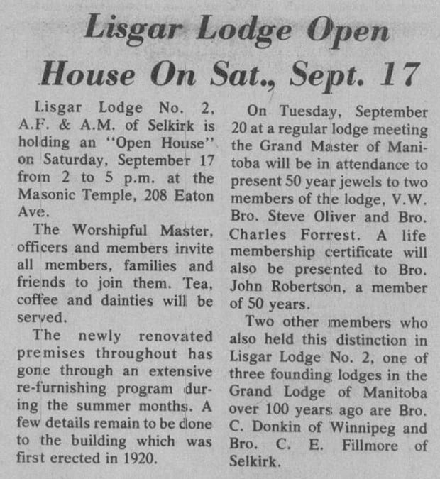 Selkirk Lisgar Lodge open house advertisement.