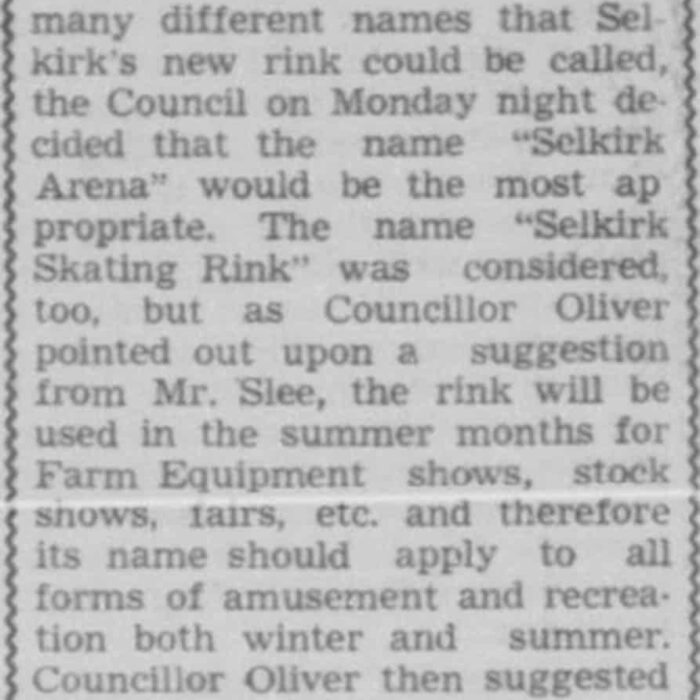 New Rink Named "Selkirk Arena", 1949, Selkirk Enterprise Naming of the new Selkirk Arena