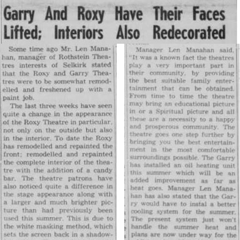 Newspaper article listing the new remodeled changes made to the Garry and Roxy theatres