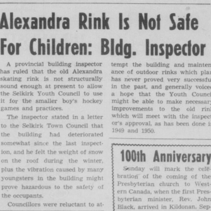 Alexandra Rink Is Not Safe for Children: Bldg. Inspector, 1951, Selkirk Enterprise Newspaper article saying that Alexandra Rink is not safe for children