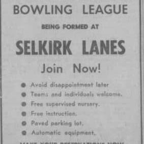 Ladies Afternoon Bowling League at Selkirk Lanes, 1961, Selkirk Enterprise Newspaper ad for the ladies afternoon bowling league being formed at Selkirk Lanes