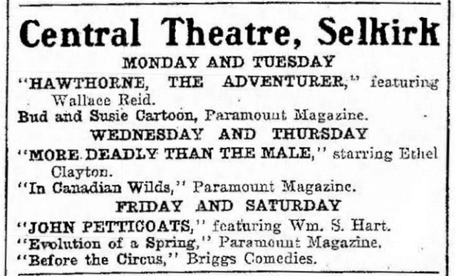 Advertisement for Central Theatre in Selkirk show times