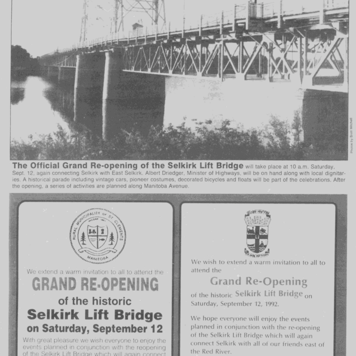The Official Grand Re-Opening of the Selkirk Lift Bridge, 1992, Selkirk Journal Newspaper feature of the grand re-opening of the Selkirk lift bridge