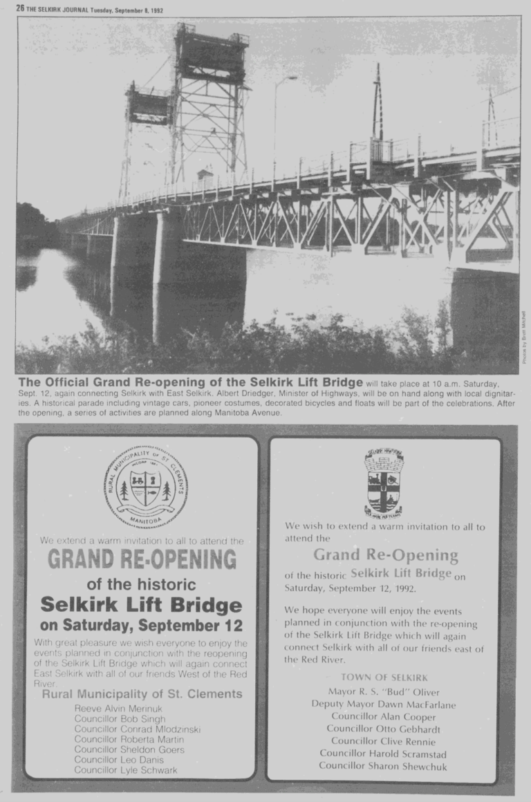 The Official Grand Re-Opening of the Selkirk Lift Bridge, 1992, Selkirk Journal
