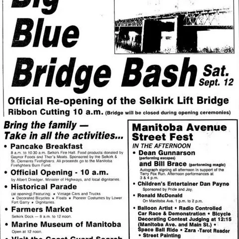 Come to Selkirk's Big Blue Bridge Bash, 1992, Stonewall - Interlake Spectator Newspaper snippet of the Interlake spectator titled Big Big Bridge Bash