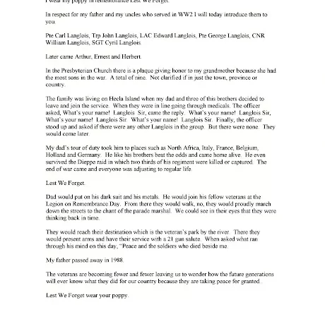 Sister Bonnie's Poem, Date Unknown,Jock Langlois Typed account of A Fighting Family