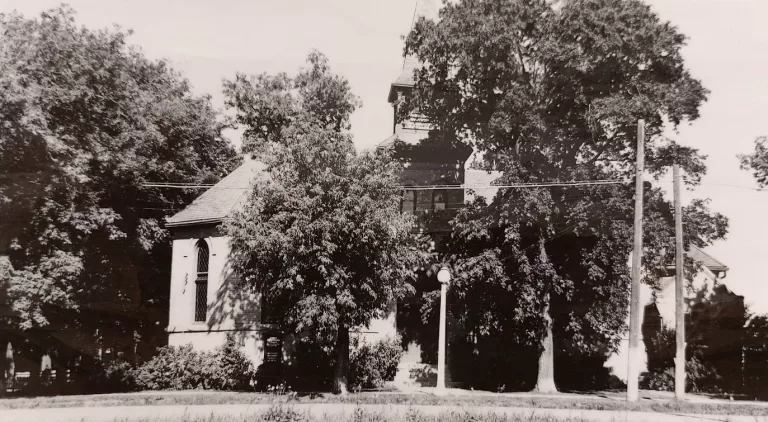 Black and white photograph of Knox church with large full trees infront
