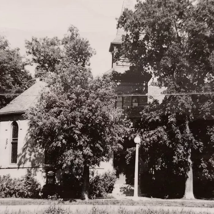 Black and white photograph of Knox church with large full trees infront