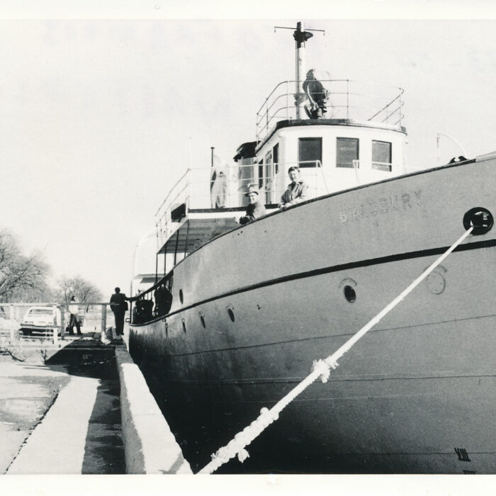 Ted Francis and Ralph Walterson on the Bradbury, 1970s, Source Unknown Black and white picture of two men aboard the Bradbury docked in the 1970s