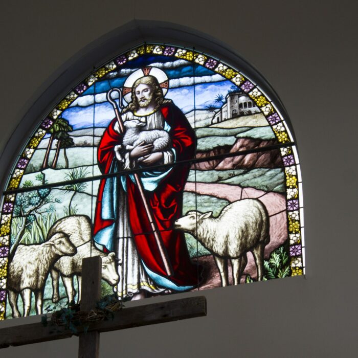 Stained glass window showing image of Christ gathering his flock. He is wearing a red robe with a blue robe underneath. He is holding a lamb with three sheep at his feet