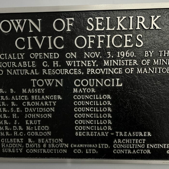 Town of Selkirk Civic Offices, 2026, Selkirk Museum Collection Colour photo of a plaque at Civic Office