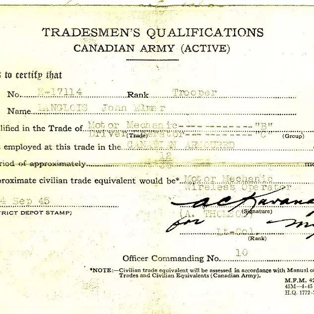 Tradesmen's Qualifications Canadian Army for John Elmer Langlois, 1945, Jock Langlois Signed form of tradesmen qualifications for the Canadian army