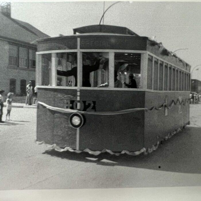 Trolley in Selkirk Parade, Date Unknown, Selkirk Museum Collection black and white photo of the parade float that looks like a trolley