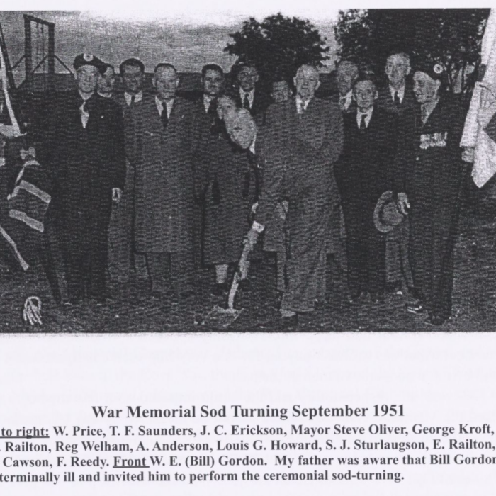 Black and white picture of a war memorial sod-turning in 1951