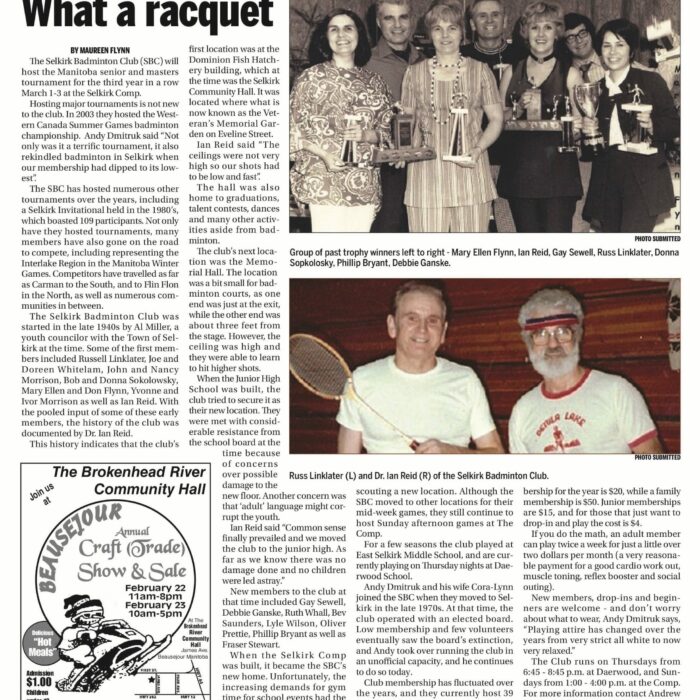 Page from a newspaper with a black and white image of group of people, and a coloured image of two people with badminton racquets with the headline reading "What A Racquet."