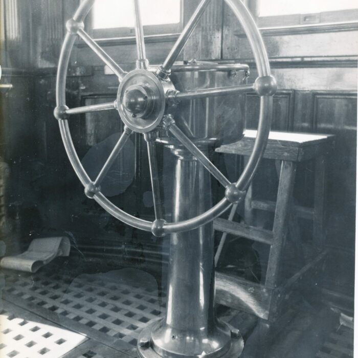 Wheel at the Helm of the Bradbury Interior, 1950s, Source Unknown Black and white picture of the helm of the Bradbury ship in the 1950s