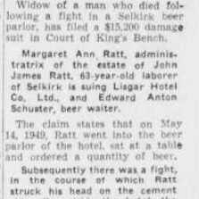 Widow Files $15,200 Suit Against Lisgar Hotel, 1950, Winnipeg Tribune Newspaper article titled widow files 15 200$ suit