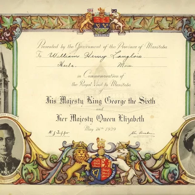 William Henry Langlois Certificate, 1939, Jock Langlois Certificate dedicated to William Langois in 1939