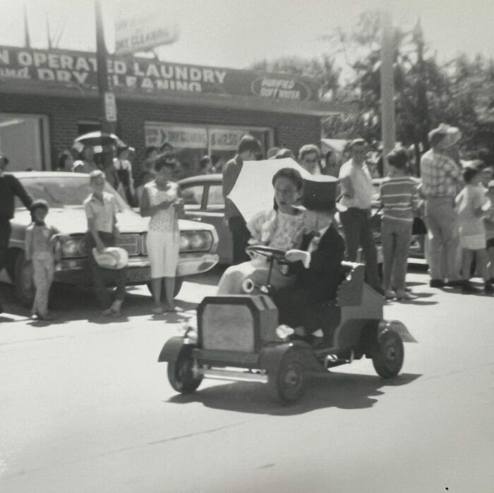 Mini Car in Selkirk Parade, Date Unknown, Selkirk Museum Collection black and white photo of a mini car in the parade