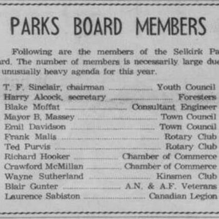 Parks Board Members, 1958, Selkirk Enterprise Black and white newspaper clipping listing the parks board members